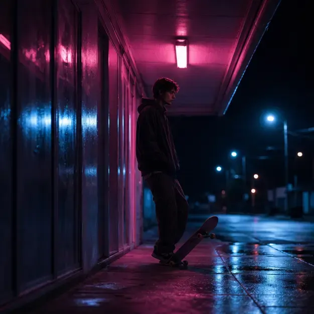 Skateboarder under an awning in the Midnight Neon style