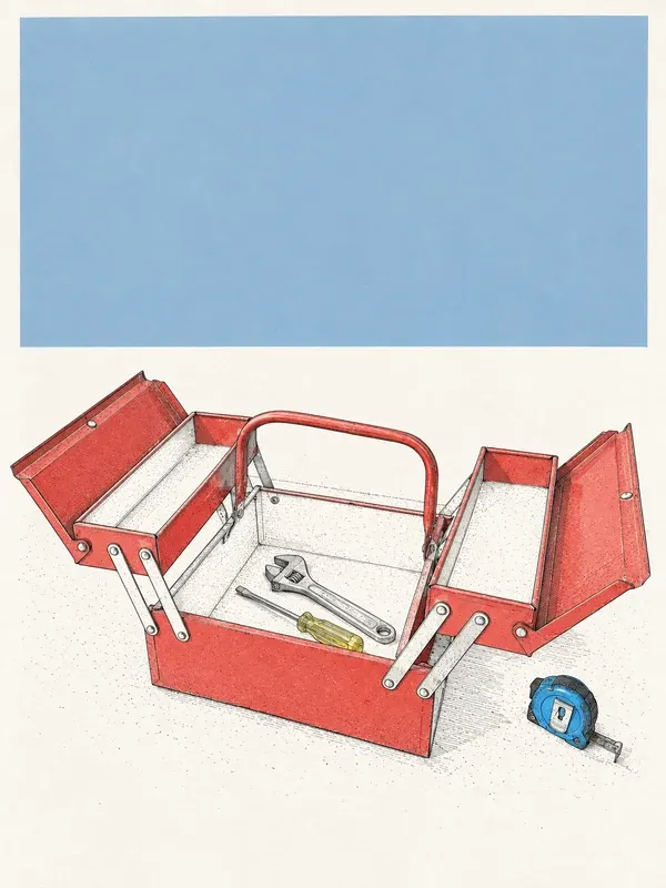 Open cantilever toolbox with connected trays and tools in the Quiet Upper Field style