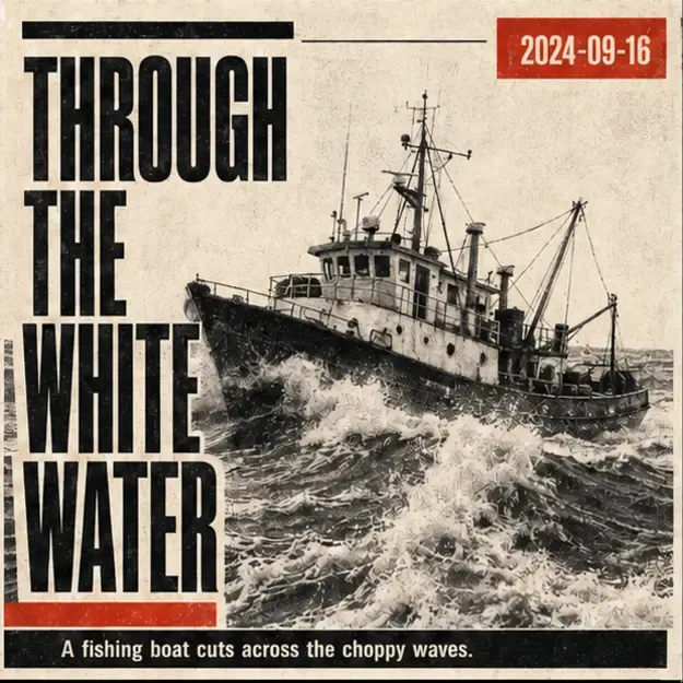 Small fishing boat cutting through waves in the Picture Press style