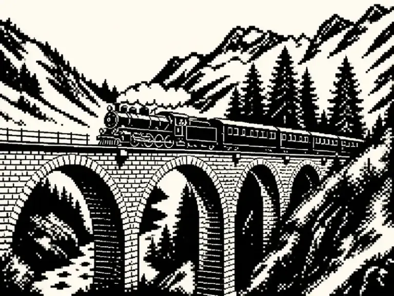 Steam locomotive crossing a mountain viaduct in the One-Bit Chronicle style