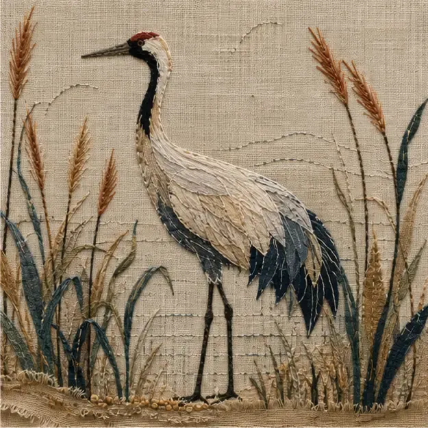 Crane among reeds in the Threaded Story style