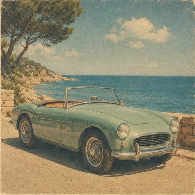 Small roadster near the sea in the Postcard Summer style
