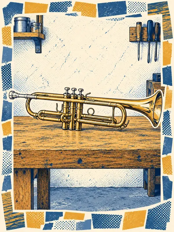 Brass trumpet on a bench in the Graphic Thicket style
