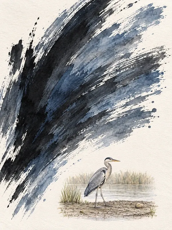 Gray heron standing on a riverbank in the Bristle Fan style