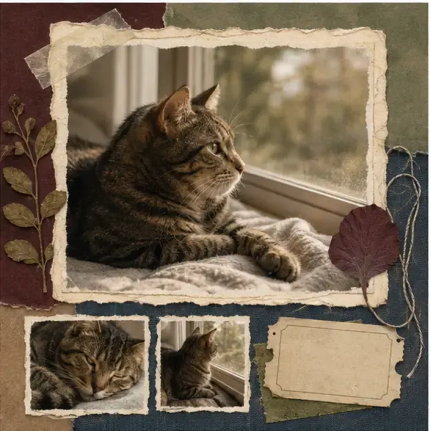 Tabby cat by a window in the Keepsake Album style