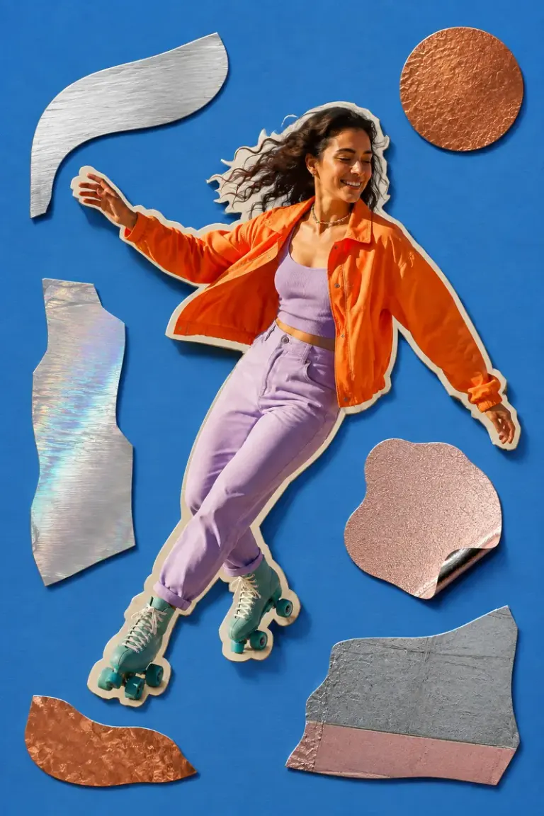 Roller skater turning on a sunlit court in the Foil Confetti style