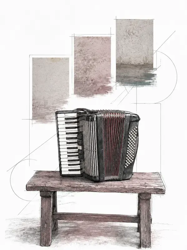 Accordion on a wooden bench in the Drafting Ascent style