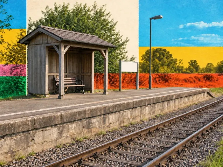 A rural rail shelter, bench and tracks with colorful background fields in the Chromatic Scaffold style