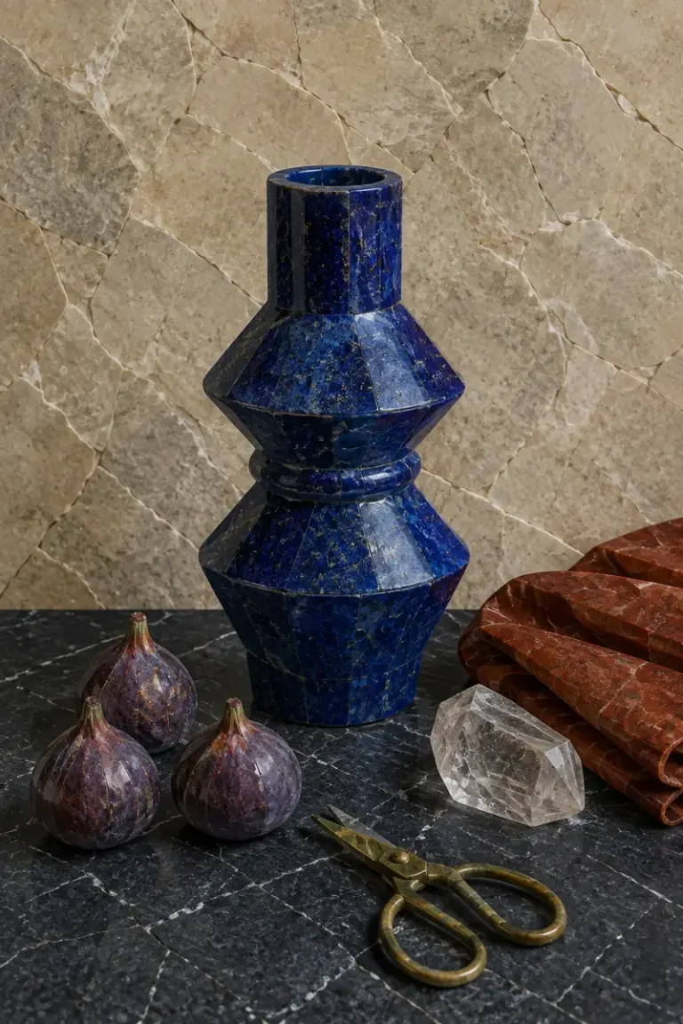 Cobalt vase, figs, and brass scissors in the Mineral Cabinet style