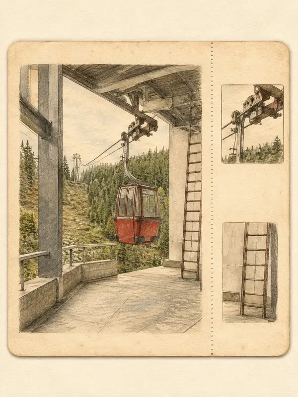 Cable-car station and red cabin in the Perforated Study style