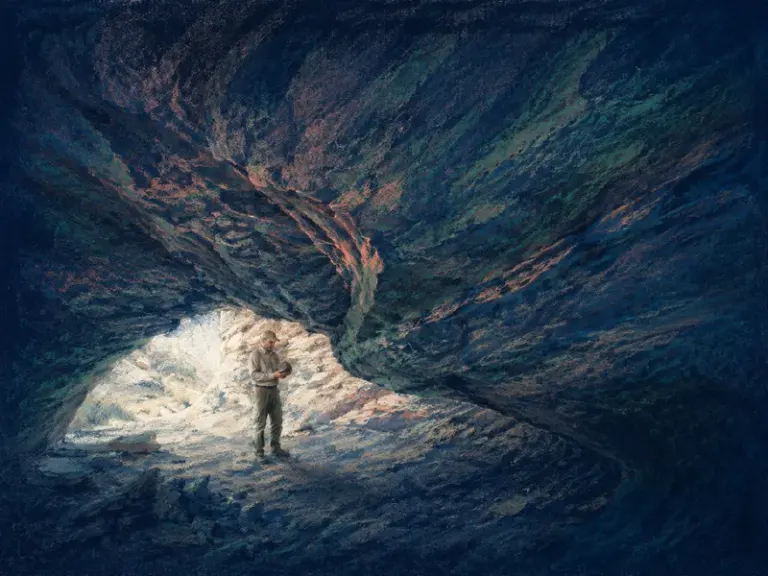 Geologist beneath a sandstone overhang in the Midnight Sanctuary style