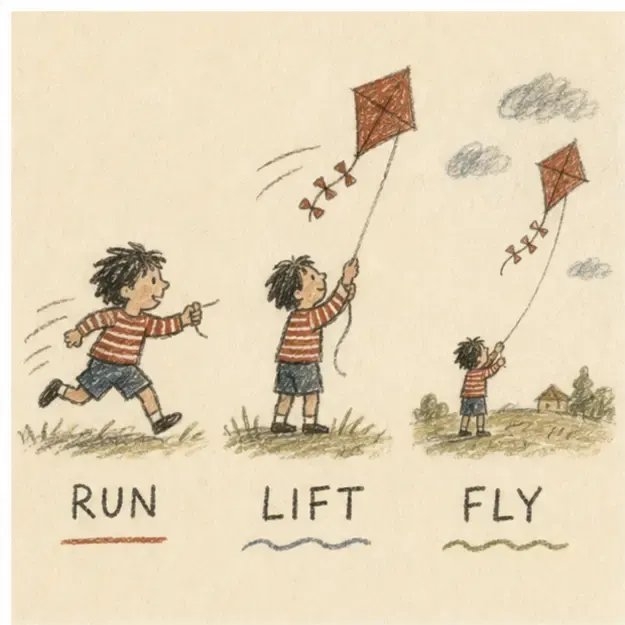 Child flying a kite in the Story Marks style