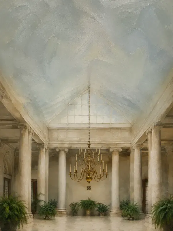 Chandelier in a glass atrium in the Sky Tether style