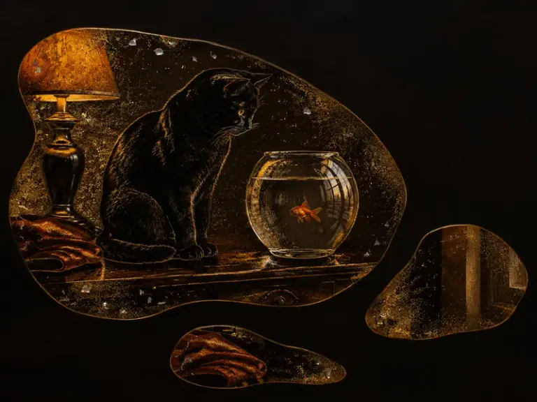 Black cat watching a goldfish bowl in the Maki-e Islands style