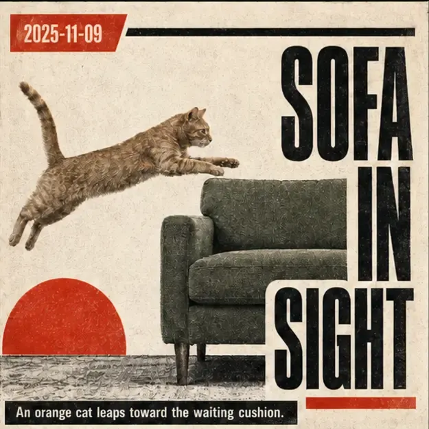 Orange cat jumping onto a sofa in the Picture Press style