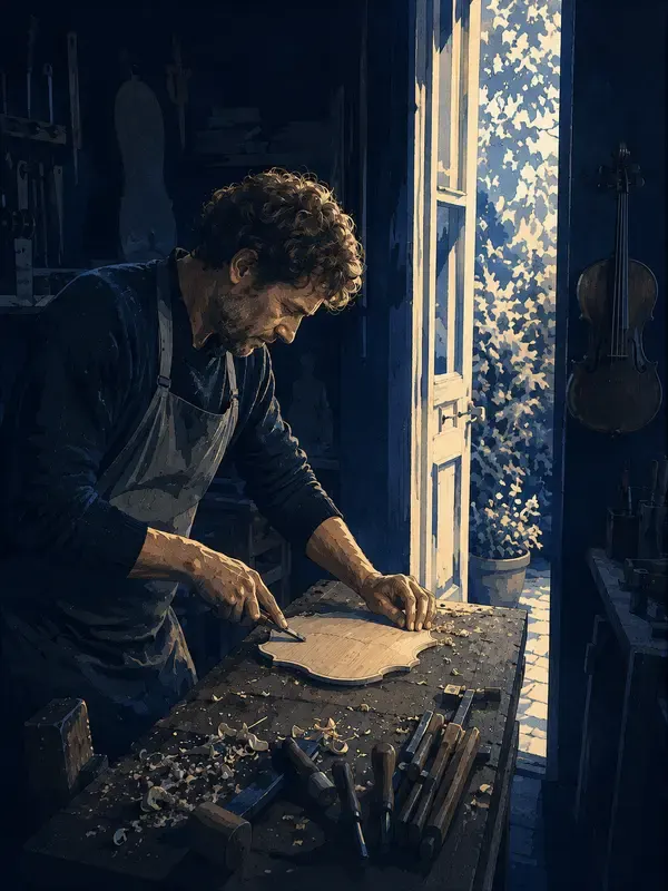 Violin maker beside an open doorway in the Light Column style