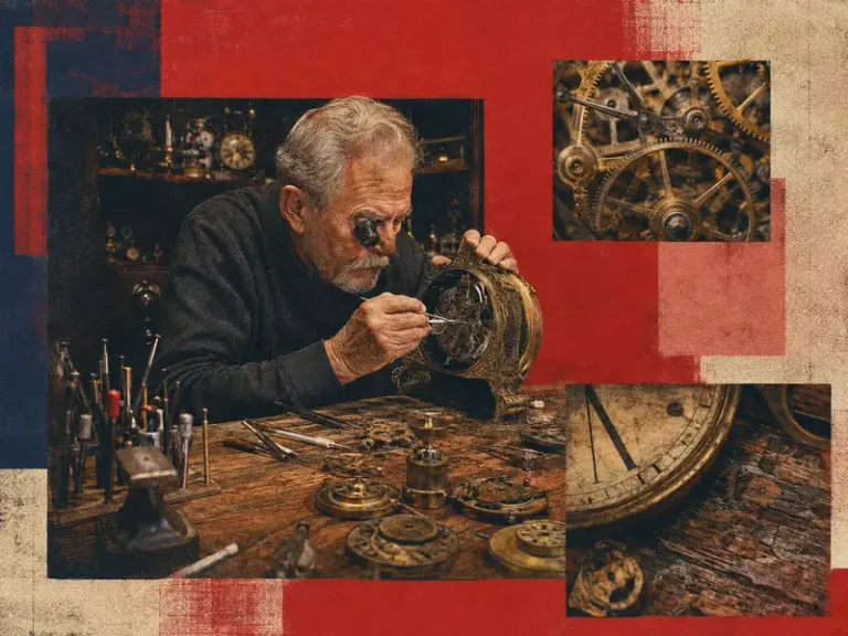 Watchmaker repairing an open mechanical clock in the Vermilion Nearness style