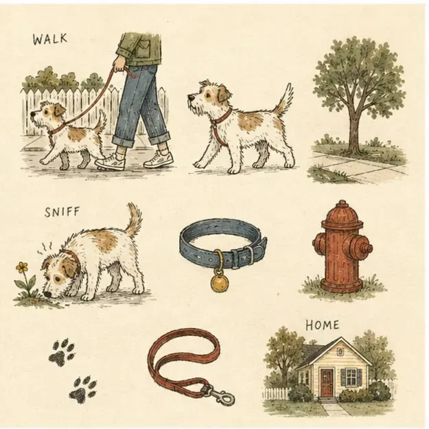 Terrier on a neighborhood walk in the Nine Things style