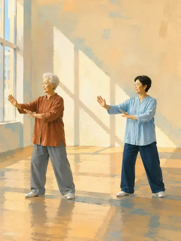 Two women practicing tai chi in a sunlit gym in the Sunlit Planes style