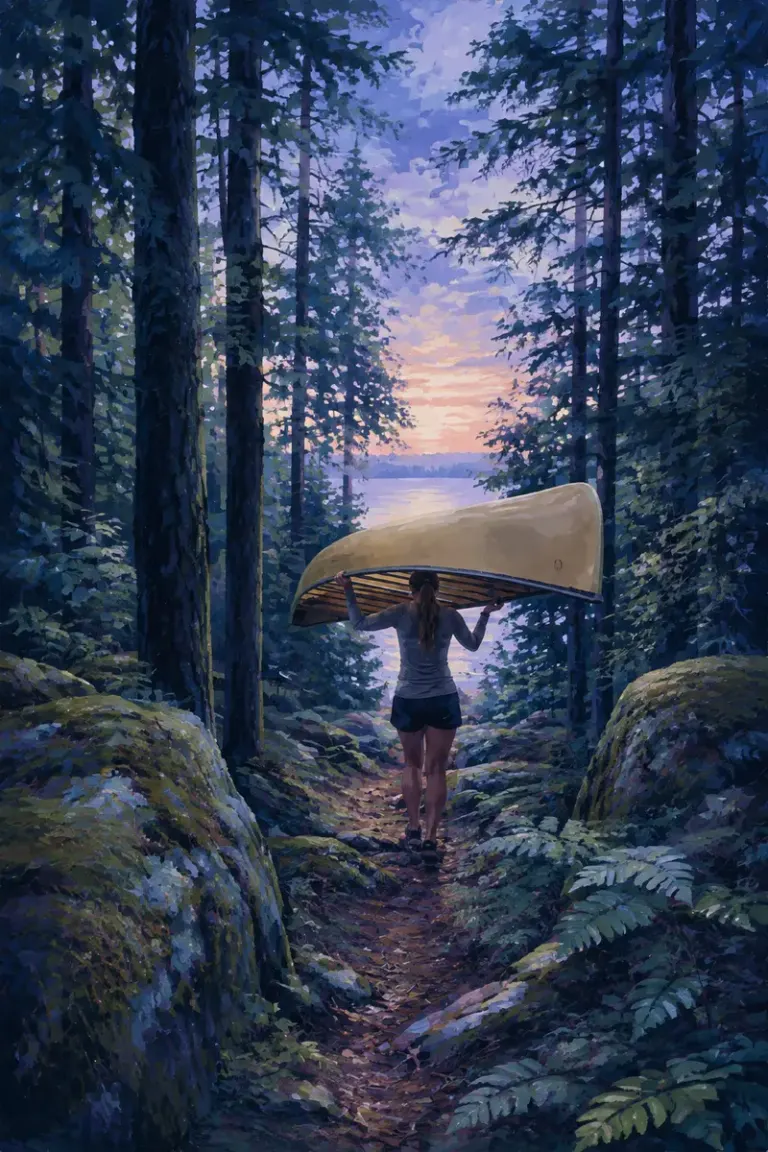 Canoeist portaging toward a lake opening in the Indigo Clearing style