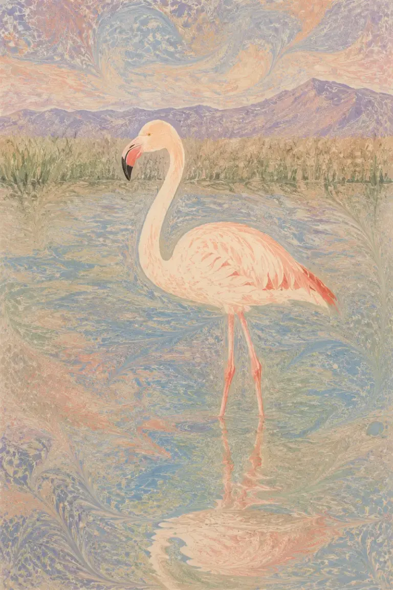 Flamingo standing in a salt lagoon in the Marbled Reserve style