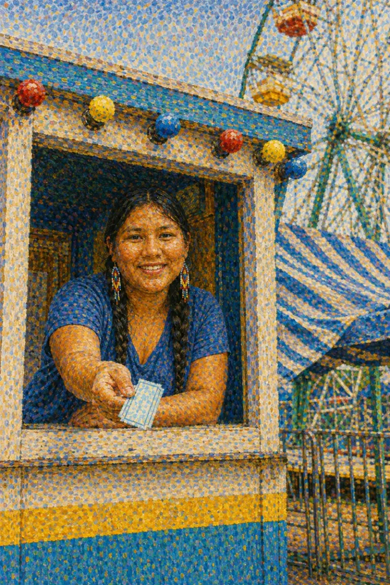 Fairground ticket seller beneath a ferris wheel in the Prism Dots style