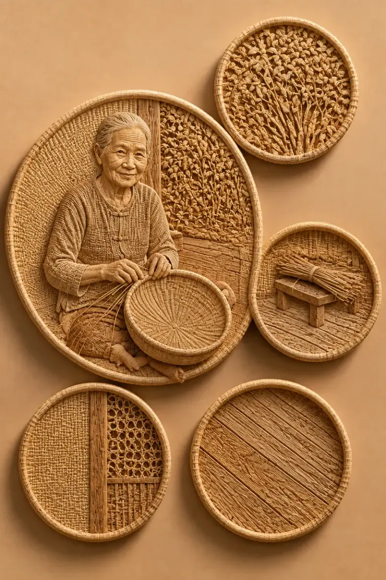 Grandmother weaving a basket on a veranda in the Rattan Orbit style