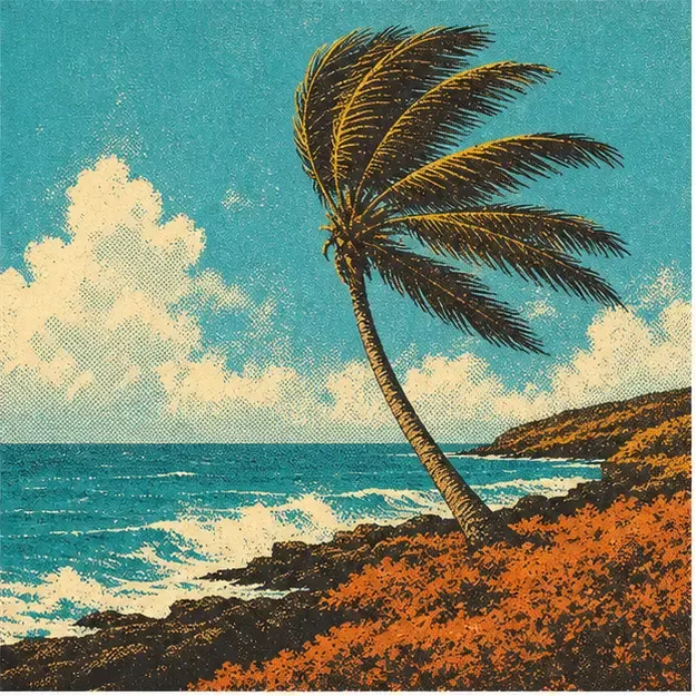 Palm tree on a coast in the Palm Print style