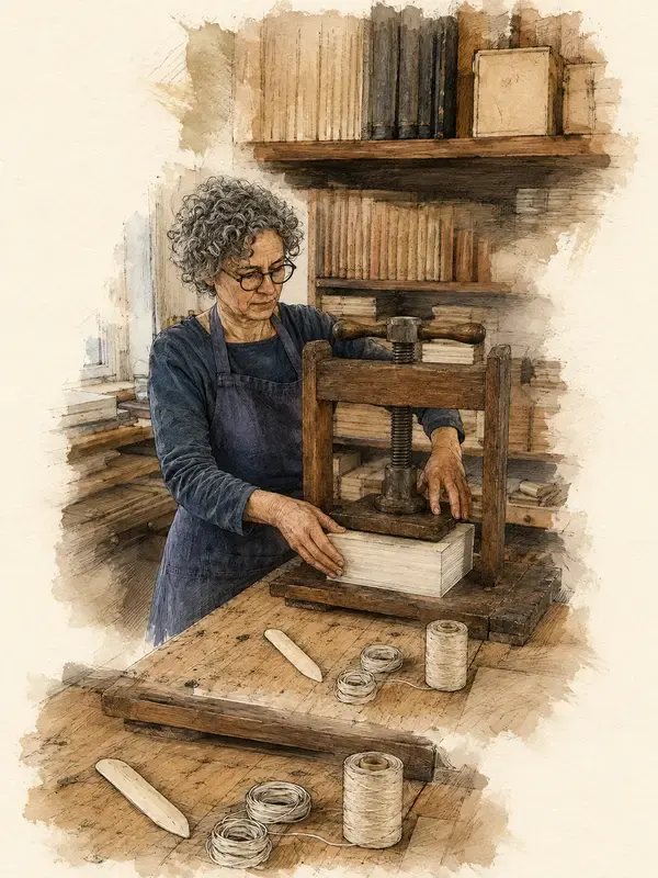 Bookbinder aligning a book in a screw press in the Ink Cascade style
