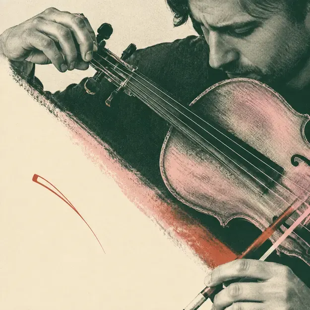 Violinist tuning before rehearsal in the Editorial Halftone style