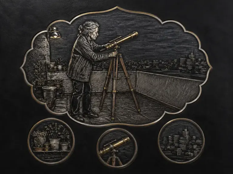 Astronomer adjusting a brass telescope in the Bidri Night style