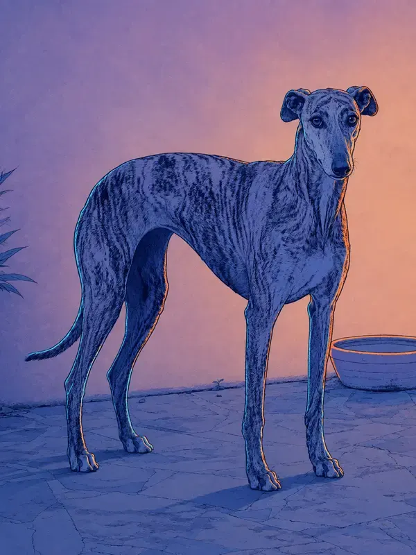 Brindle greyhound beside a water bowl in the Duotone Rim style