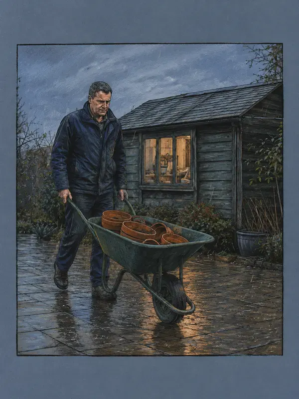 Gardener pushing a wheelbarrow in a wet courtyard in the Rain Glow style