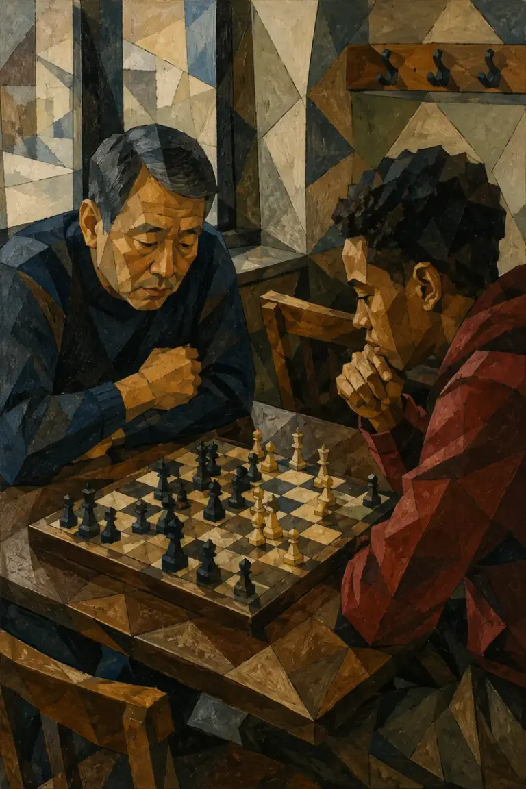 Two chess players concentrating over a cafe table in the Faceted Rhythm style