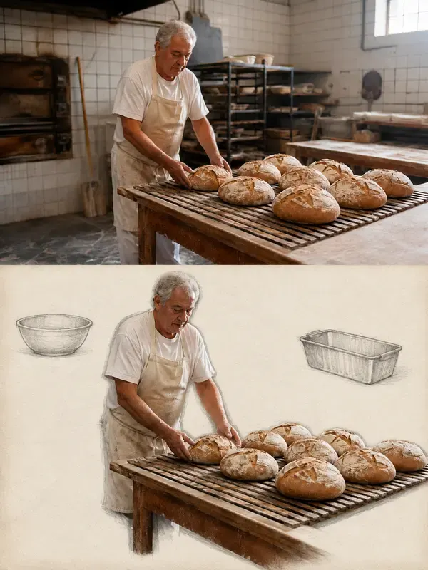 Baker arranging loaves in the Doodle Duet style