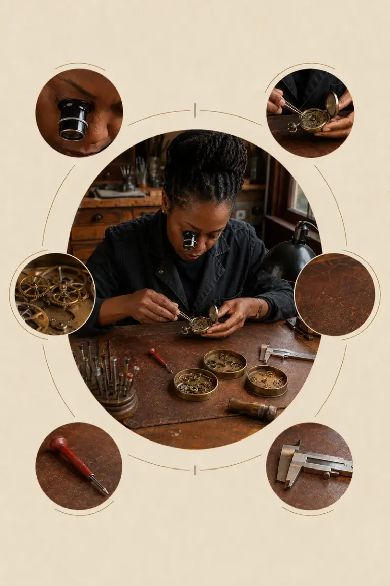 Watchmaker working at a repair bench in the Orbit Study style