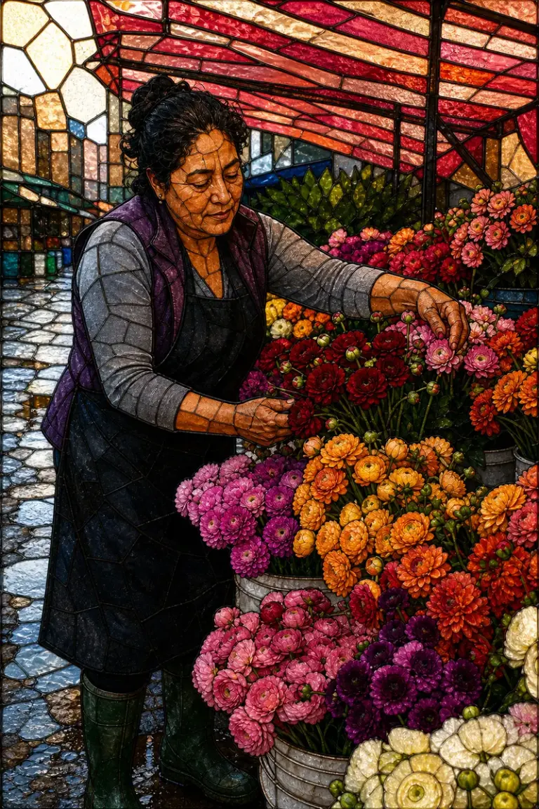 Flower seller arranging a market stall in the Leaded Light style