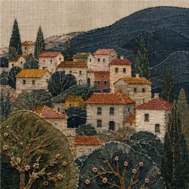 Hillside village in the Threaded Story style