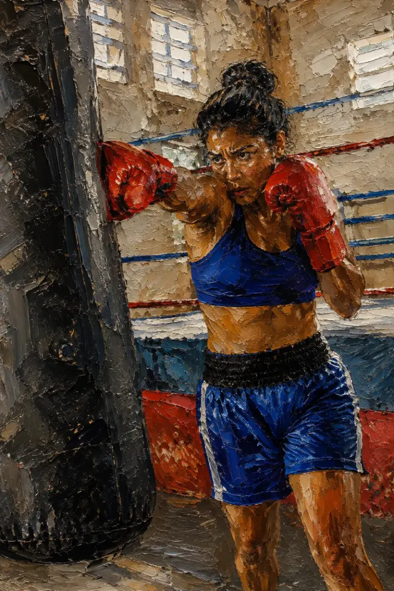 Boxer striking a heavy bag in the Electric Impasto style