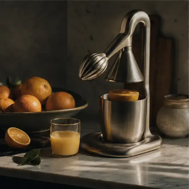 Metal citrus press in the Quiet Cinema style