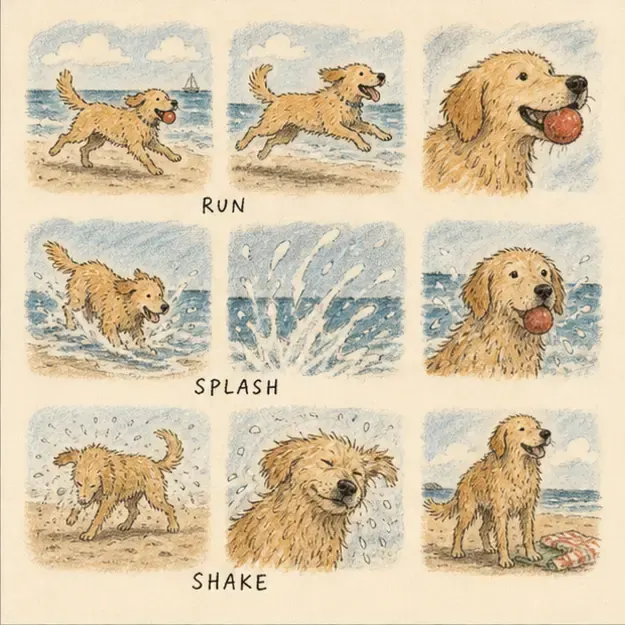 Dog playing at the beach in the Story Grid style