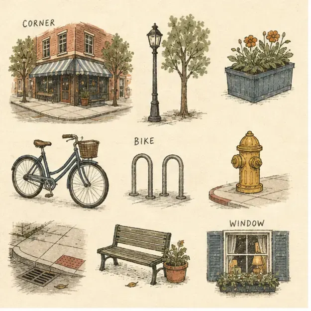 Neighborhood street corner in the Nine Things style