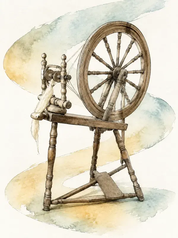 Wooden spinning wheel with treadle in the Tidal Reserve style