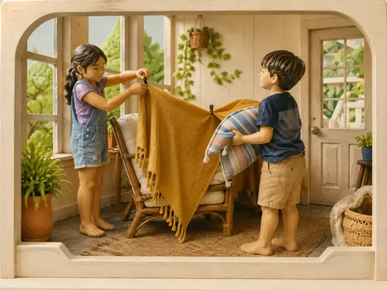 Two siblings building a blanket fort in the Pocket Stage style