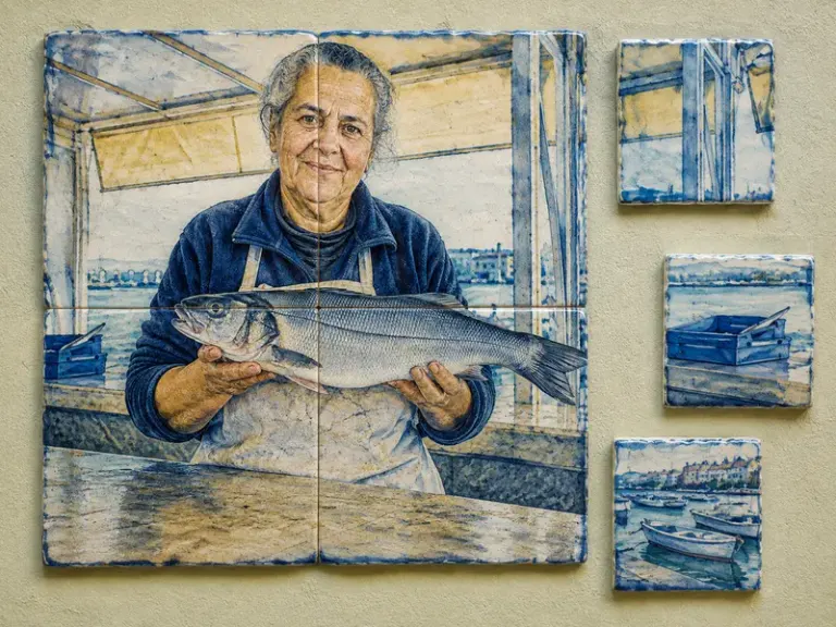 Fishmonger holding a silver fish in the Azulejo Constellation style