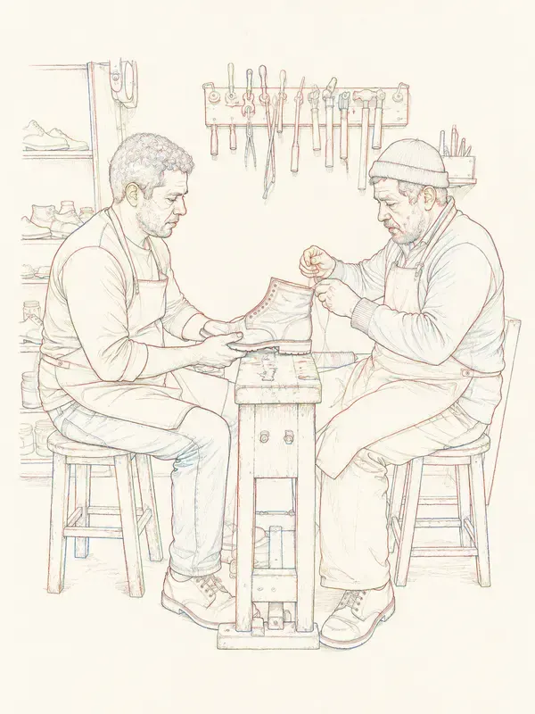 Two cobblers repairing one boot in the Pencil Whisper style