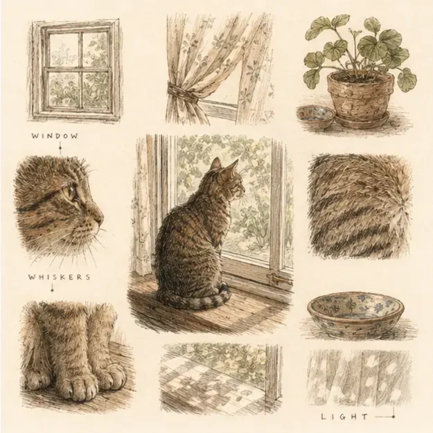 Cat at a window in the Loose Index style