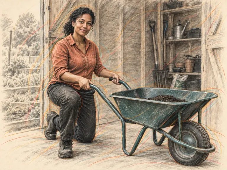 Gardener holding a wheelbarrow in the Filament Flux style