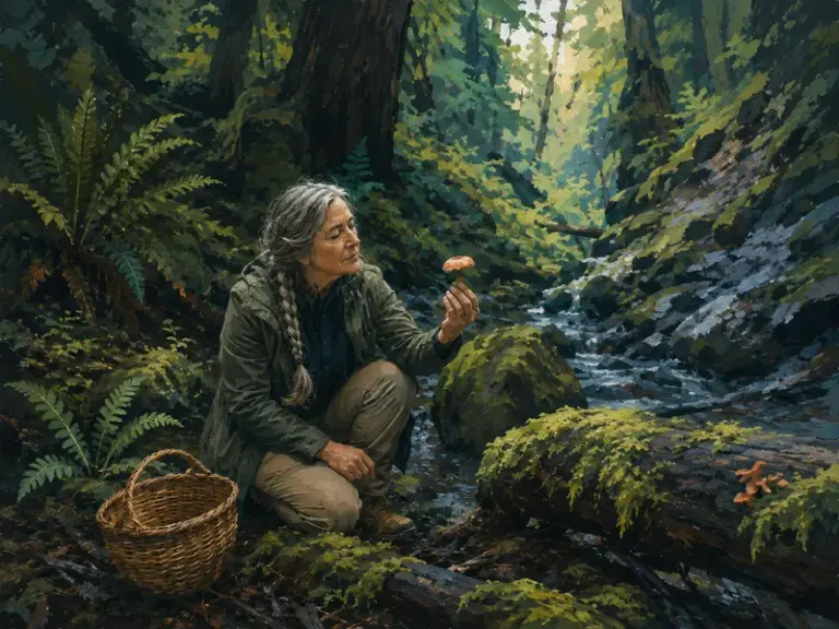 Mycologist examining a mushroom in a fern ravine in the Forest Lantern style