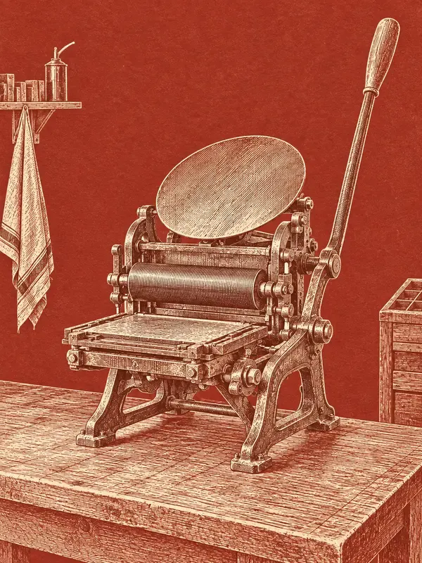 Small manual printing press in the Thread Etching style